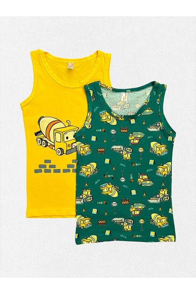 elmas kids Boy's 100% Cotton Yellow Green Color Truck Bucket Concrete Mixer Pattern 2-Piece Undershirt Set