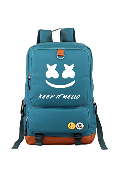 HALAMODO حقيبة ظهر مدرسية مطبوعة بشعار دي جي مارشميلو باللون الأزرق/الأبيض/البني