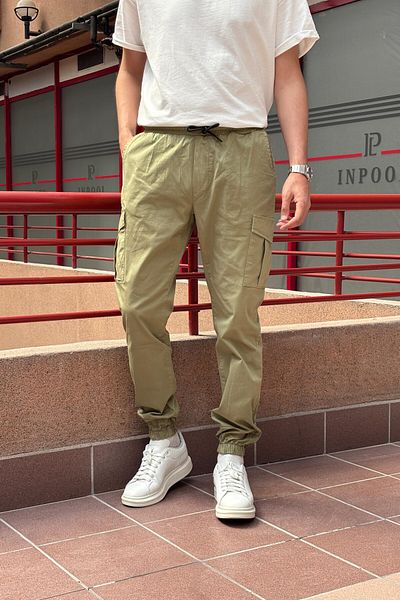 inpool Ανδρικό παντελόνι Jogger Oversize Χακί με ελαστική μέση και πόδι Cargo Pocket