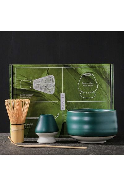 COOYA Matcha Set of Four,Including Bamboo Whisk,Ceramic Whisk Holder,Bamboo Matcha Bowl,Bamboo Spoon