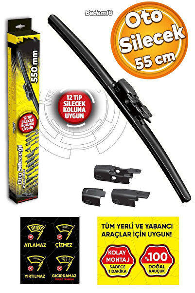 Badem10 Araba Araç 55 cm Otomobil Oto Hibrit Ön Cam Arka Cam Silecek Muz Tipi...