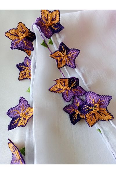 Pervin Ablacım White Chiffon Scarf 4 Edge Needlepoint Violet Handmade