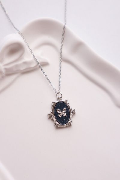 EFBUTİK Black Butterfly Imported Necklace with Silver Color Chain