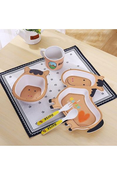 COOYA 5-piece children's cartoon tableware set,pony shape,natural bamboo fiber,durable and easy to clean
