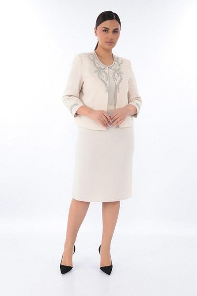 MİSS DİAMOND Beige Short Skirt Triple Suit with Stone Detail on Collar and Sleeve