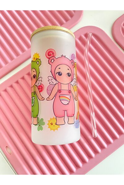 By Selen Suyolcu Sonny Angel Baskılı Buzlu Pipetli Bambu Kapak Cam Bardak 600 ml