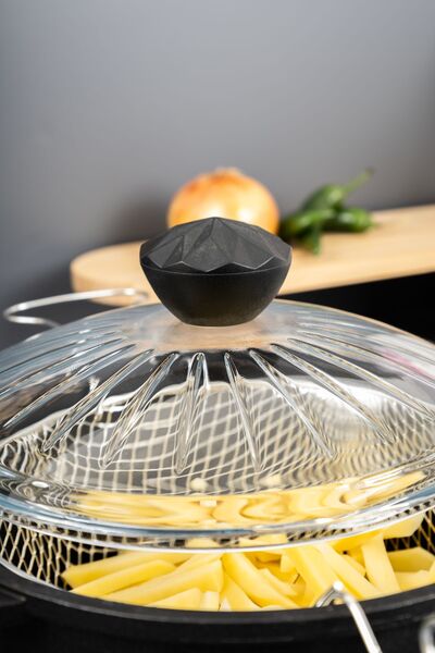 Homekolik 3 Piece Black Cast Granite Frying Pot 24 cm – with Oil Strainer, Glass Lid, Fireproof Non-Stick