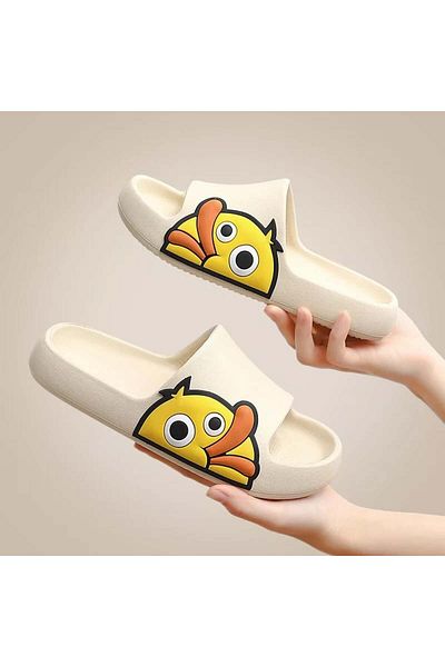 CRACOS Beach Slippers, White With Duckling Print, Size 36-37, 24 Centimeters