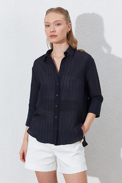 TENA Women's Black Low Sleeve Striped Basic Shirt