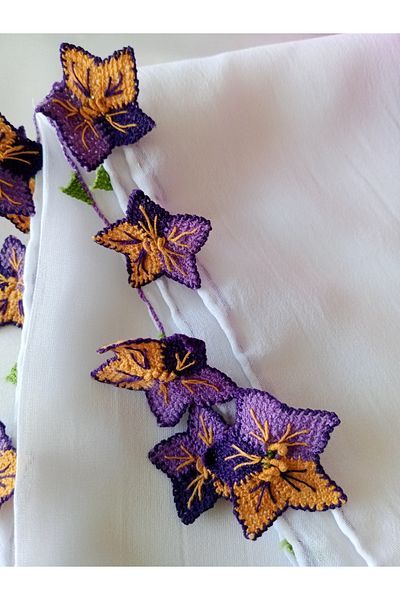 Pervin Ablacım White Chiffon Scarf 4 Edge Needlepoint Violet Handmade