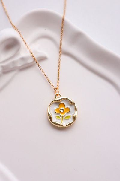 EFBUTİK White Enameled Magnolia Flower Imported Necklace with Gold Color Chain