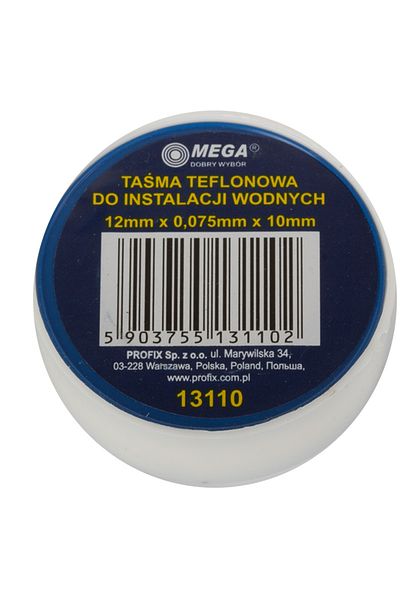 MEGA Teflon Tape For Water 12X0.075Mm / 10M