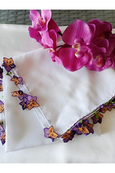 Pervin Ablacım White Chiffon Scarf 4 Edge Needlepoint Violet Handmade