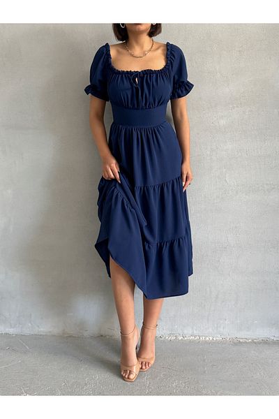 BEJNA Marineblaues, dehnbares Damenkleid mit gerafftem Ausschnitt
