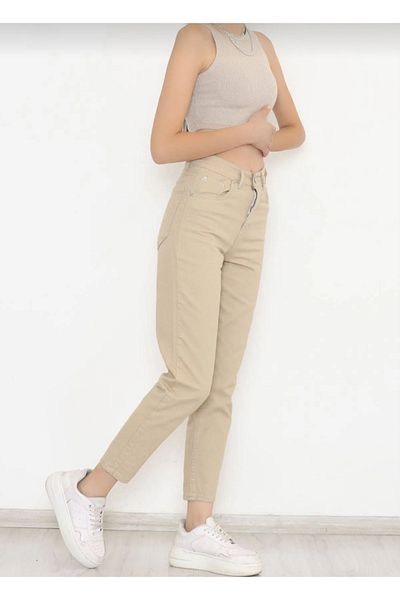 MAKRAS EXCLUSIVE Flora Γυναικεία Κρέμα Ψηλόμεση Lycra Mom Jeans Τζιν παντελόνι