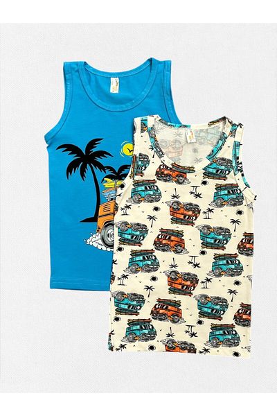 elmas kids Boy's 100% Cotton Blue White Minibus Camping Pattern Holiday Themed 2-Piece Undershirt Set