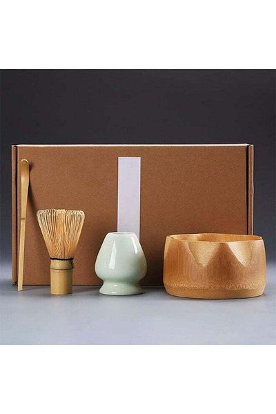 COOYA 4-Pcs Matcha Set ,100% Natural Bamboo,With bamboo Whisk and teaspoon,for Matcha Etiquette Experience