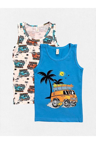 elmas kids Boy's 100% Cotton Blue White Minibus Camping Pattern Holiday Themed 2-Piece Undershirt Set