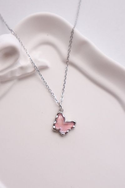 EFBUTİK Pink Side Standing Butterfly Imported Necklace with Silver Color Chain