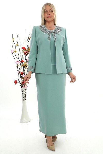 MİSS DİAMOND Elegant Mint Long Skirt Three Piece Suit with Stone Embroidered Collar