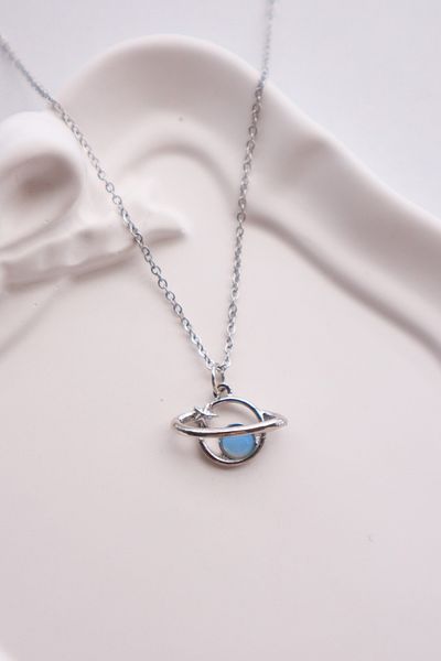 EFBUTİK Silver Color Chain Y2K Blue Enamel Saturn Imported Necklace