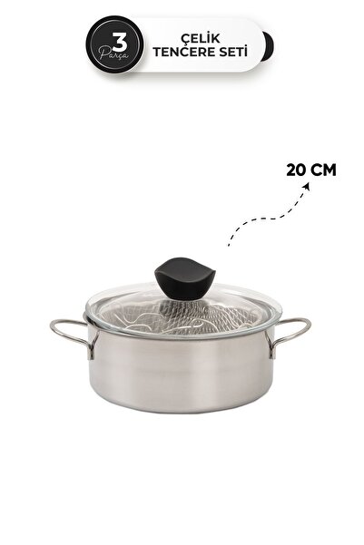 Homekolik Plchf 3 Piece Steel Frying Pot 20 cm – Stainless Deep Pot with Oil Strainer, Glass Lid