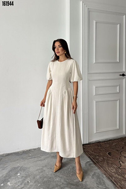 Modayakamoz Kadın Büzgülü Keten Arkadan Bağlamalı Elbise