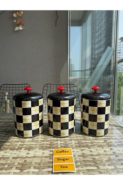 Tercih Home 3-Piece Checkered Decorative Spice Set Premium with Label Gift