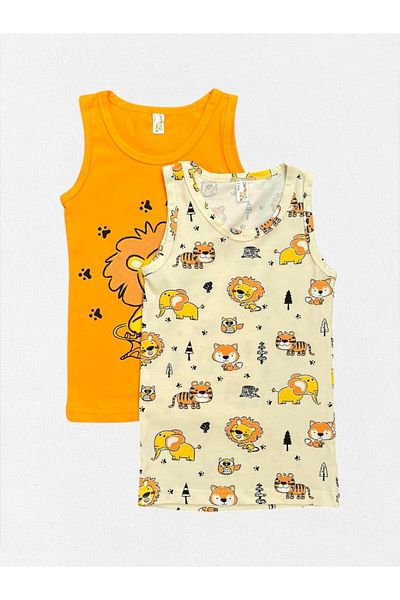 elmas kids Boy's 100% Cotton Orange Cream Color Lion Elephant Owl Patterned 2-Piece Undershirt Set