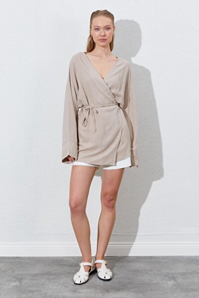 TENA Kadın Koyu Bej Kruvaze Yaka İp Bağlamalı Ceket