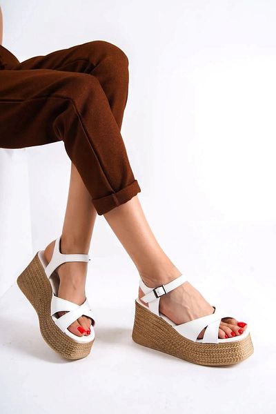 sefayol White Matte Leather Wedge Heeled Women's Shoes - Berdine