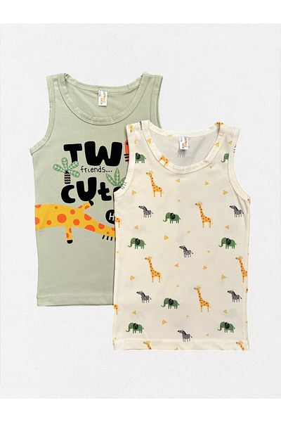 elmas kids Boy's 100% Cotton Ecru Green Color Zebra Elephant Giraffe Pattern 2-Piece Undershirt Set