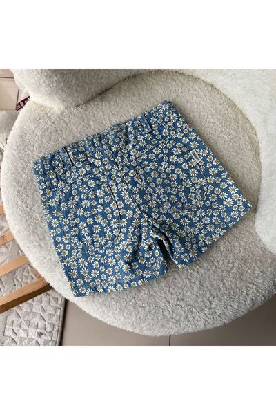 Overdo Kız Çocuk Papatya Baskılı Mavi Kot Şort