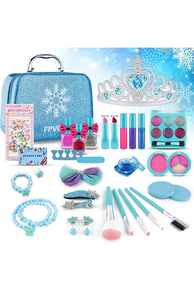 Yelajoy 33-Piece Princess Kids Makeup Set, Safe, Washable, frozen theme, Playset for Girls 3+, Blue