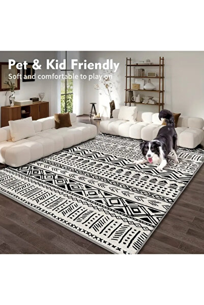 Primo Plus Warm Luxurious Modern Printed Rectangular Anti-Slip Carpet Polypropylene Beige/Black 140x202cm