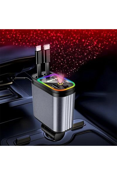 Generic 4 in 1 Retractable Starlight Fast Car Charger,(1Lightning-1Type C)(2Ports)