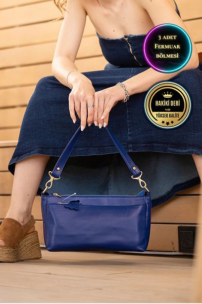 CüzCan Paris Navy Blue 3 Zippered Genuine Leather Women's Crossbody Handbag and Shoulder Bag