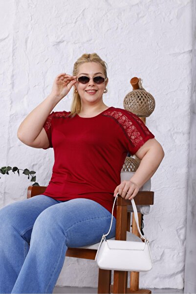 Siyezen Large Size Blouse with Lace Stone Detail on the Shoulders