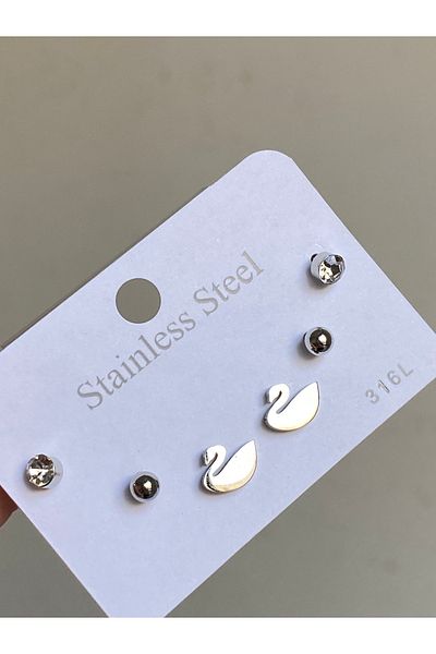 Çelik Set of 6 Swan Steel Earrings