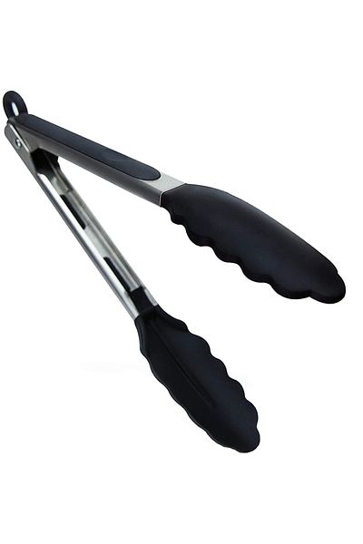 Bukate Stainless Steel and Silicone Serving Tongs, Black, with Locking and Hanging Ring, 24cm, Bukate®