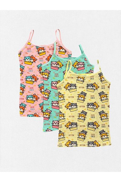 elmas kids Girl's 100% Cotton Thin Strap Green Yellow Pink Color Kitten Paw Patterned 3-Piece Undershirt