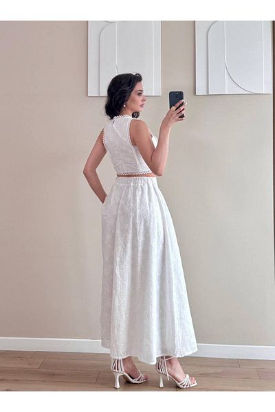 LOCH BUTİK Women's White Guipure Detailed Skirt Suit