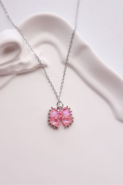 EFBUTİK Dark Pink Hologram Bow Imported Necklace with Silver Color Chain