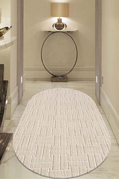 Raschel Carpet Kaymaz Taban Moopy Oval Krem Bukleli Yumuşak Soft Dokuma Yolluk Halı Salon Halısı LP1001A_KREM