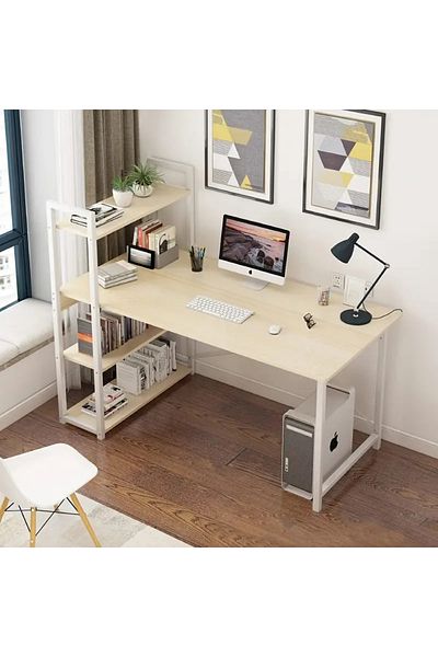 DDFF Computer desk with 3-level side shelf unit,wooden desk with metal legs for work,gaming and studying