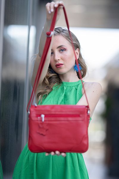 CüzCan Milano Red 3-Eye Genuine Leather Women's Cross Shoulder Bag