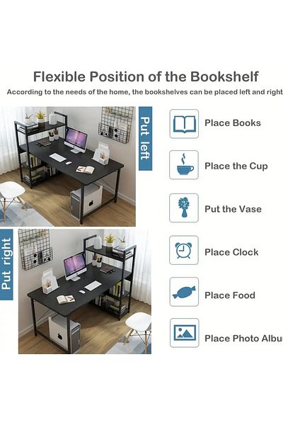 DDFF Computer desk with 3-level side shelf unit,wooden desk with metal legs for work,gaming and studying