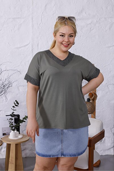 Siyezen Large Size V-Neck Collar Sleeves Glitter Blouse