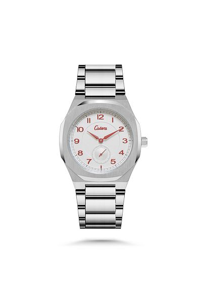catera Men's silver steel watch with red numbers