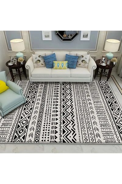 Primo Plus Warm Luxurious Modern Printed Rectangular Anti-Slip Carpet Polypropylene Beige/Black 140x202cm